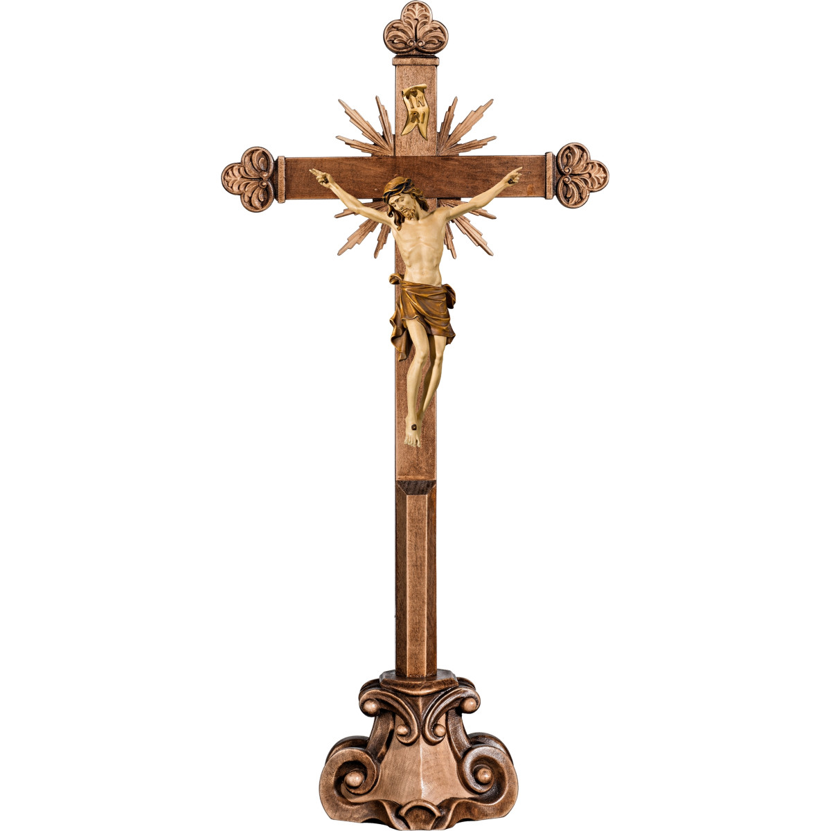 Cristo Pisa en cruz barroca con rayos en peana